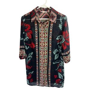 Soft Surroundings Navy Tribal iKat Print Button Up Tunic Top Kimono Jacket Sz XS